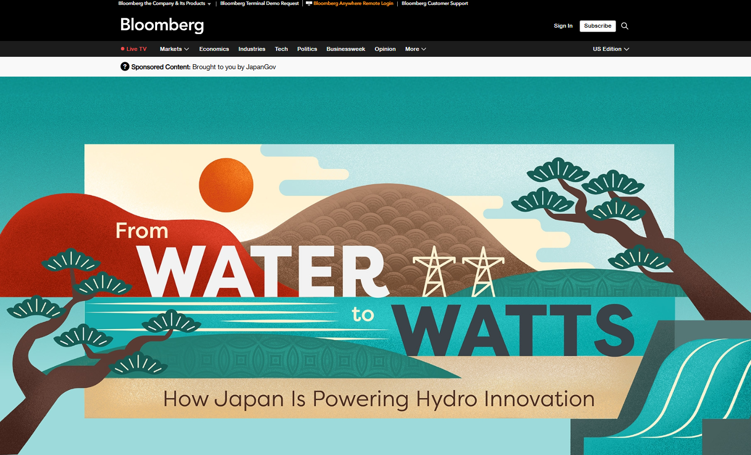Bloomberg社による日本政府発信の海外向け記事広告にトンガル水力発電事業の取り組みが紹介されました